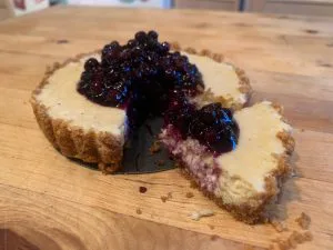 smoked blueberry cheesecake on a pellet grill